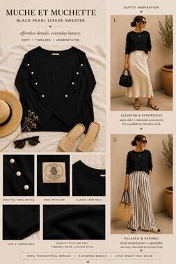 Muche et Muchette Black Pearl Embellished Sweater Soft Knit Elegant OS